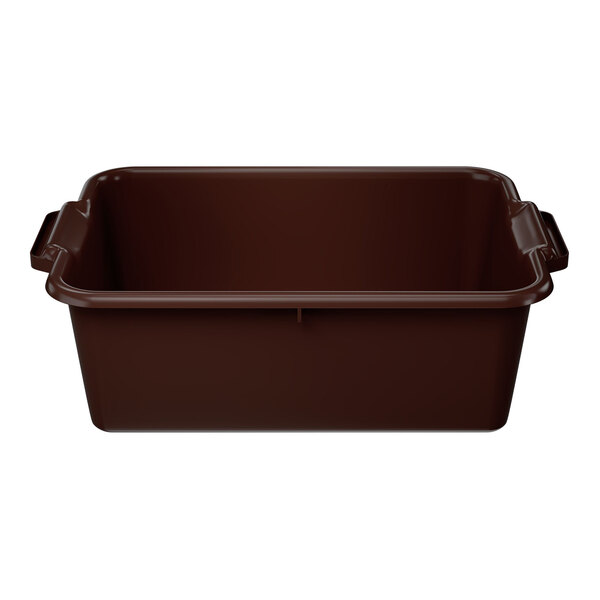A brown high density polyethylene bus tub with handles on each side.