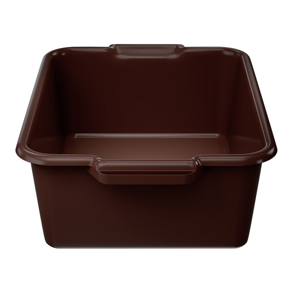 A brown high density polyethylene bus tub with handles.