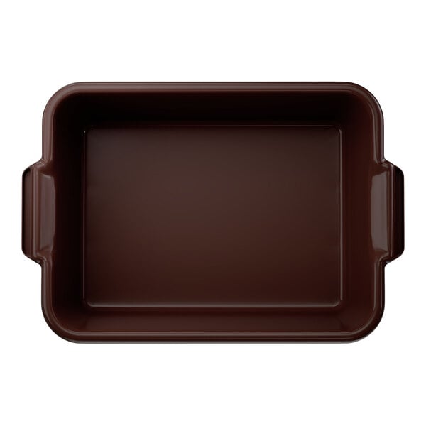 A brown rectangular high density polyethylene bus tub with handles on each side.