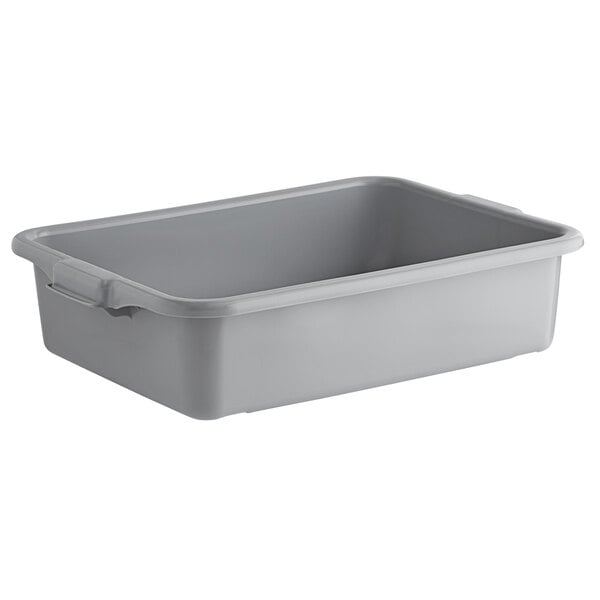 A gray high density polyethylene container with handles.