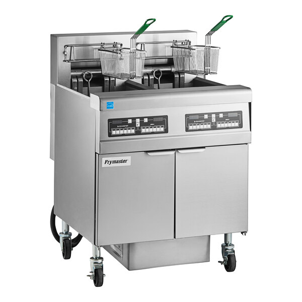 A Frymaster commercial electric floor fryer with two open frypots.