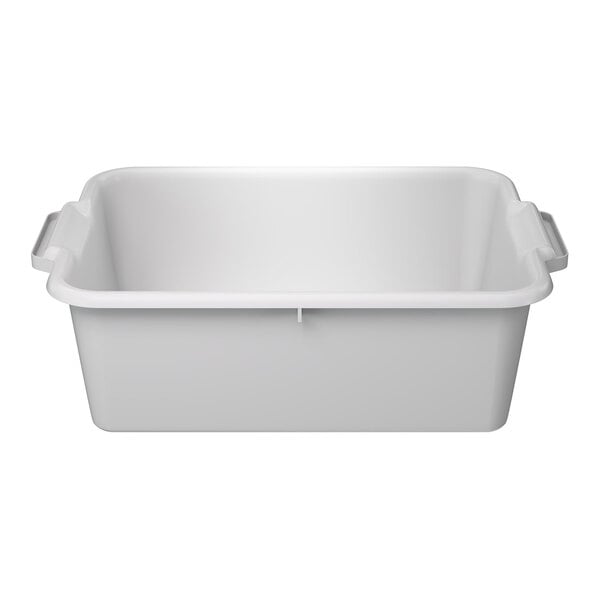 A white high density polyethylene bus tub with handles on each side.