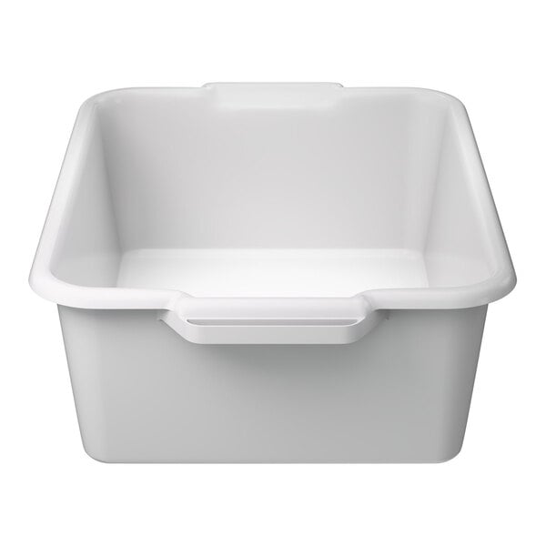 A white high density polyethylene bus tub with handles, measuring 20 inches by 15 inches by 7 inches.