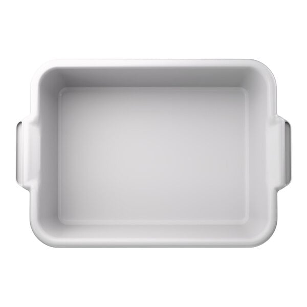 A white rectangular high density polyethylene bus tub with handles on each side.