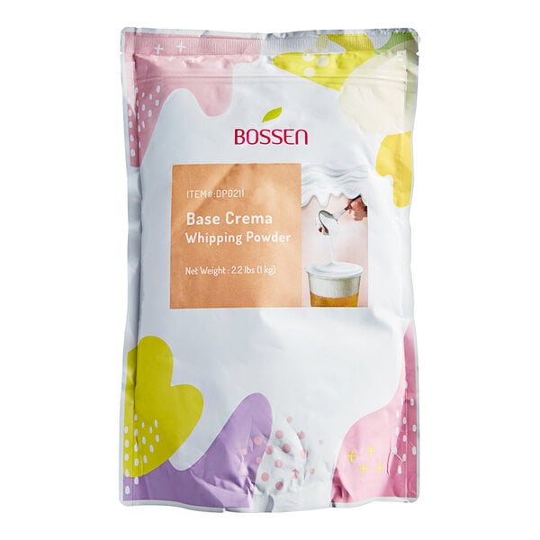 A white and pink package of Bossen Crema Whipping Powder Mix.