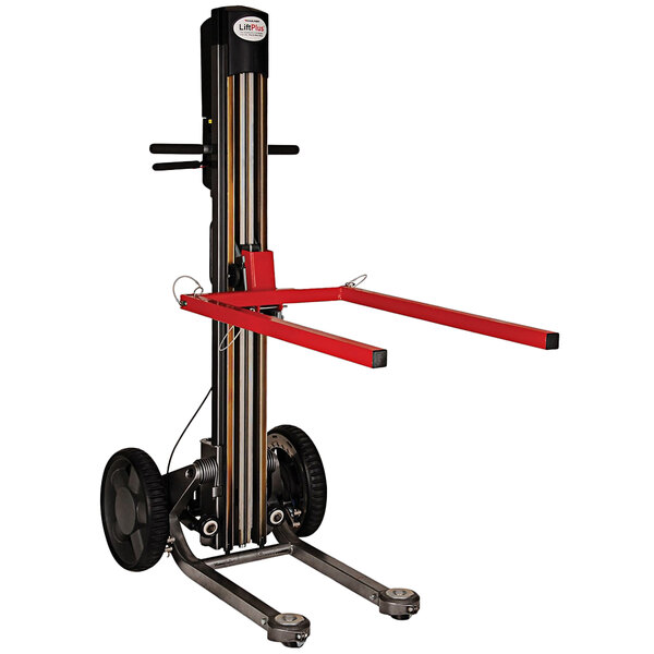 A red and black Magliner LiftPlus hand truck.