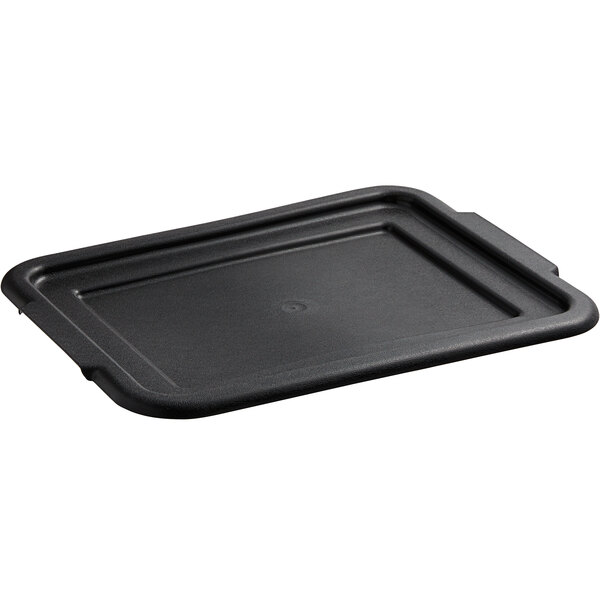 A black rectangular high density polyethylene lid on a bus tub.