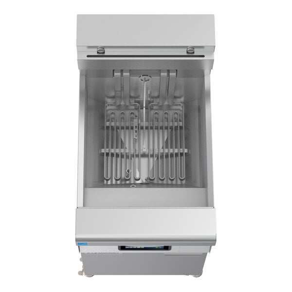 A commercial electric floor fryer with a stainless steel finish and visible heating elements.