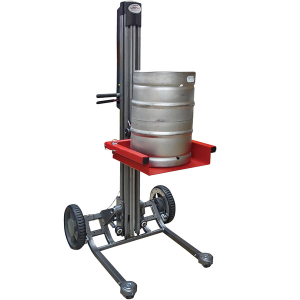 A Magliner steel platform with wheels holding a metal barrel.