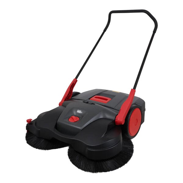A battery powered commercial floor sweeper with a handle and dual front brushes.