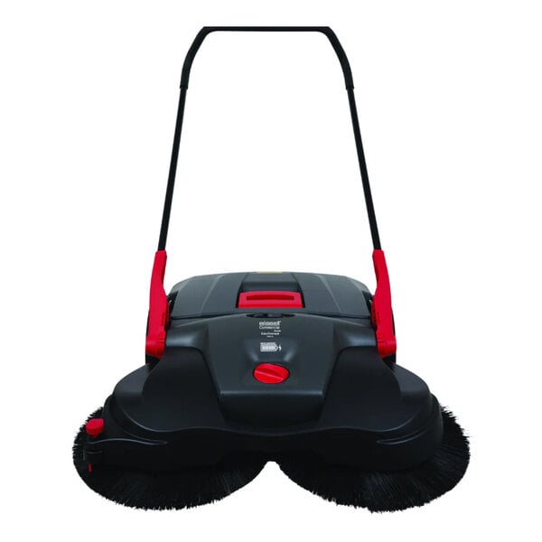 A battery powered commercial floor sweeper with a handle and dual rotating brushes.
