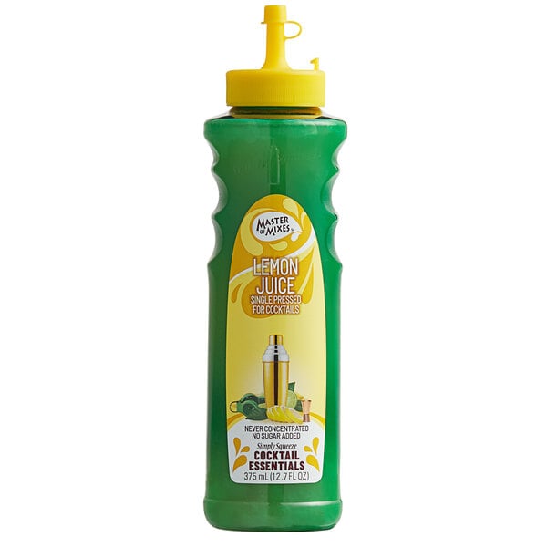 A green Master of Mixes bottle of lemon juice with a yellow lid.