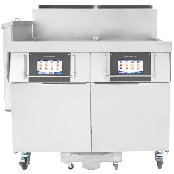 A Frymaster stainless steel gas floor fryer with two frypots.