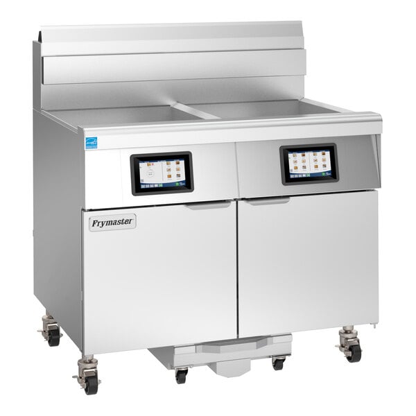 A commercial Frymaster FilterQuick gas floor fryer with two full frypots, digital controls, and automatic filtration, designed for liquid propane use.