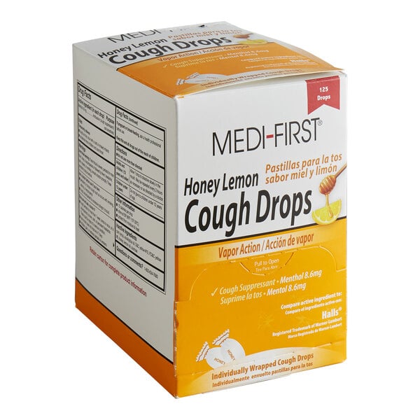 A box of Medique 84025 Medi-First Honey Lemon Cough Drops containing 125 individually wrapped drops.