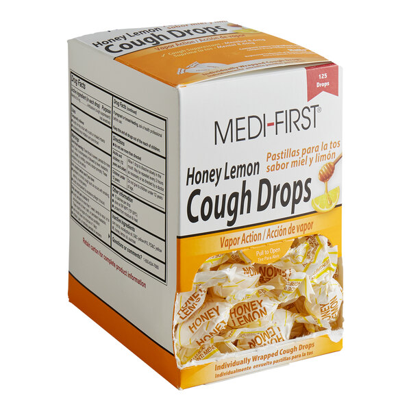 A box of Medique Medi-First Honey Lemon Cough Drops containing 125 individually wrapped drops.