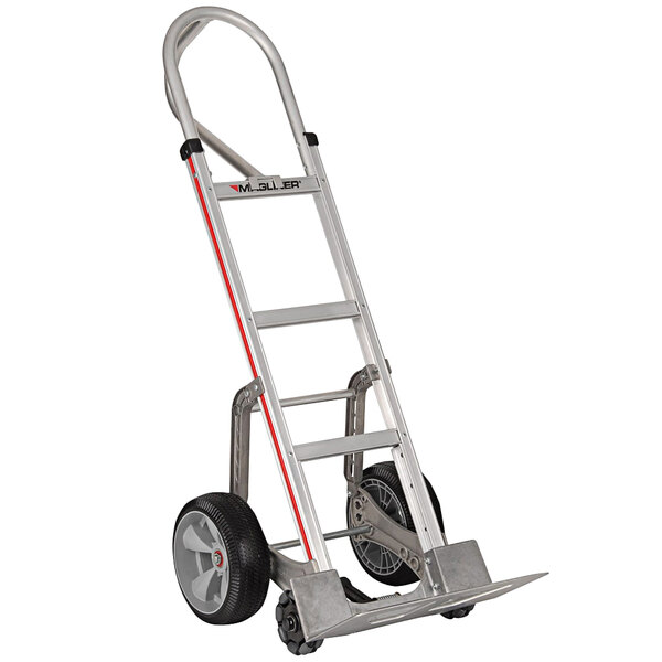 A silver Magliner hand truck with black wheels.