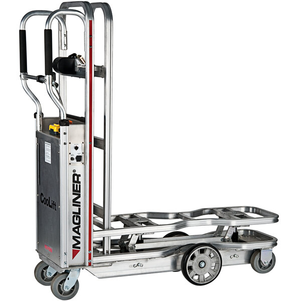 A silver hand truck with metal handles.