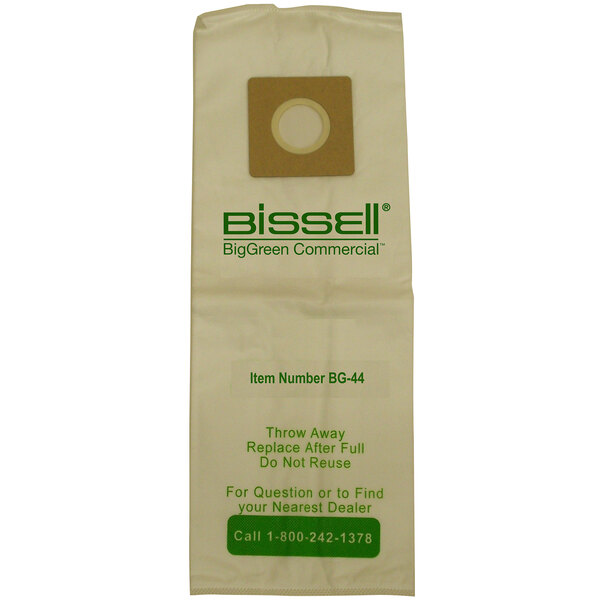 A white Bissell vacuum cleaner bag with green text.