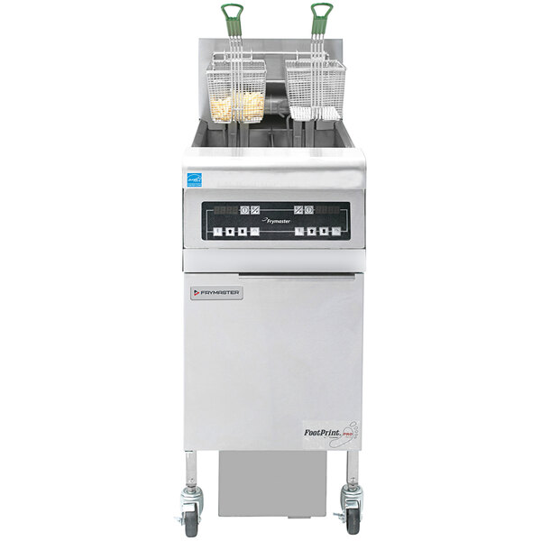 A large Frymaster electric floor fryer with a black and silver label.