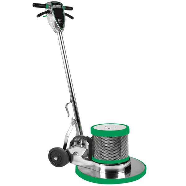 A Bissell Commercial floor and carpet cleaning machine with a green base and silver metal pole.