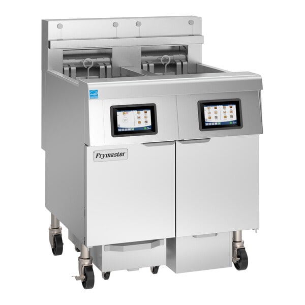 A commercial electric floor fryer with two frypots, digital controls, and a stainless steel exterior.