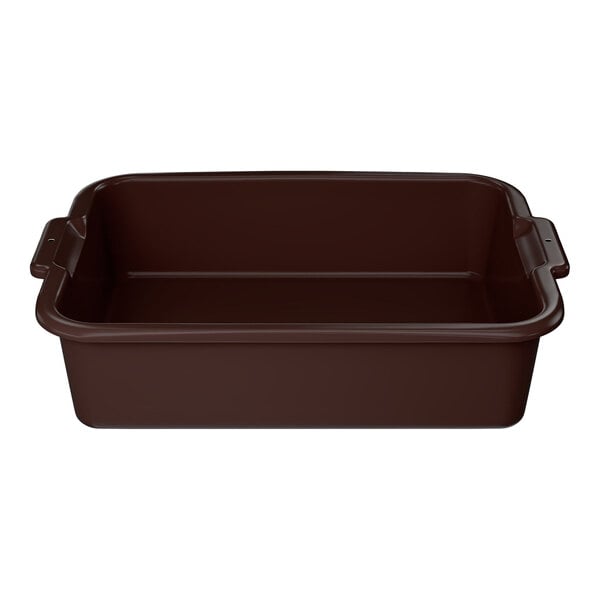 A large brown high density polyethylene bus tub with handles on each side.
