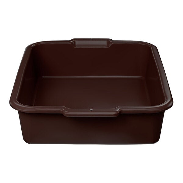 A brown high density polyethylene bus tub measuring 20 inches by 15 inches by 5 inches.