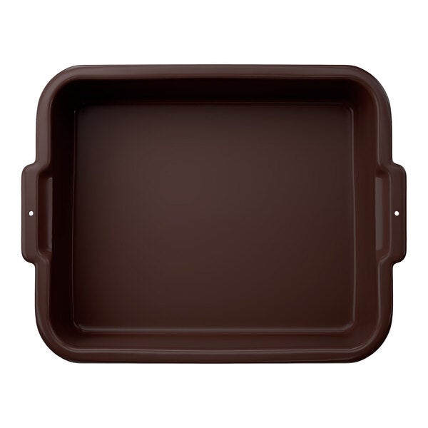 A brown high density polyethylene bus tub with handles on each side.