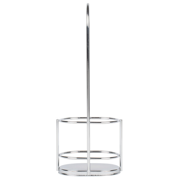 A silver metal Tablecraft cruet rack with a round metal basket and a handle.