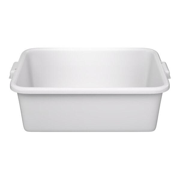 A white rectangular high density polyethylene bus tub or food storage box.