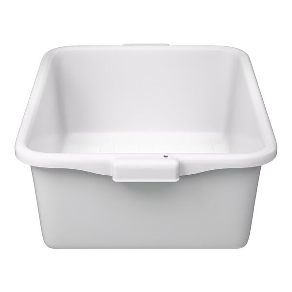 A white high density polyethylene bus tub or food storage box measuring 20 inches by 15 inches by 7 inches.