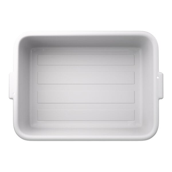 A white rectangular high density polyethylene bus tub or food storage box with handles on the sides.