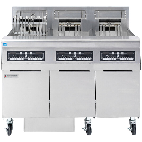 A large commercial Frymaster electric floor fryer with three frypots.