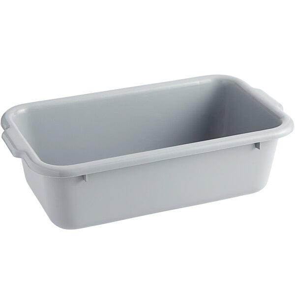 A gray plastic rectangular bus tub with handles.