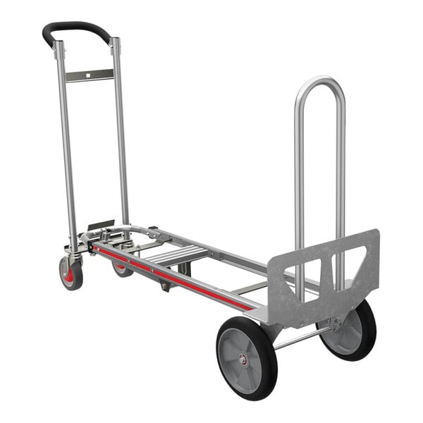 A silver Magliner hand truck with black wheels.