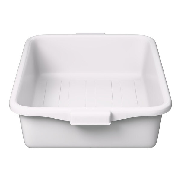 A white high density polyethylene bus tub with handles.