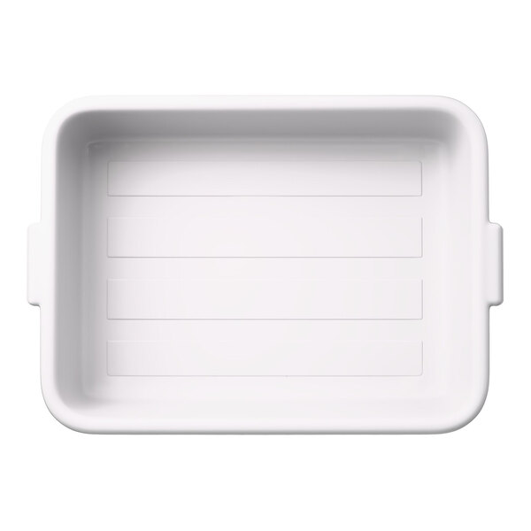 A white rectangular high density polyethylene bus tub with handles on each side.