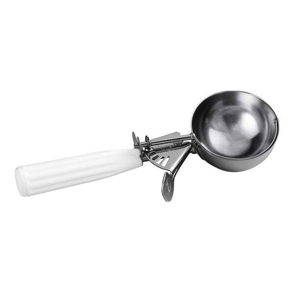 A metal scoop with a white handle and a thumb press mechanism.