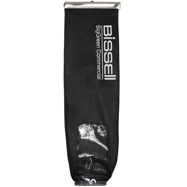 A black fabric Bissell shakeout bag with white text.