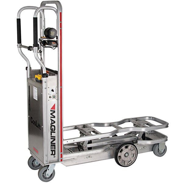 A silver Magliner hand truck with wheels and a handle.