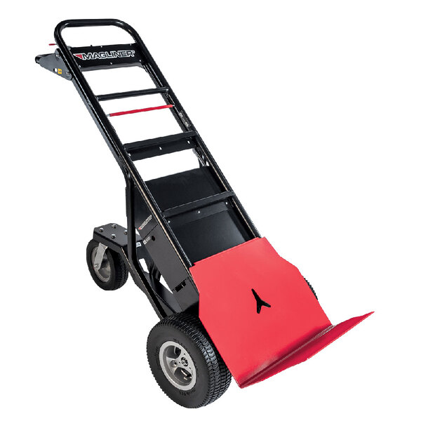 A black and red Magliner hand truck with a red handle and a Quick-Attach front plate.