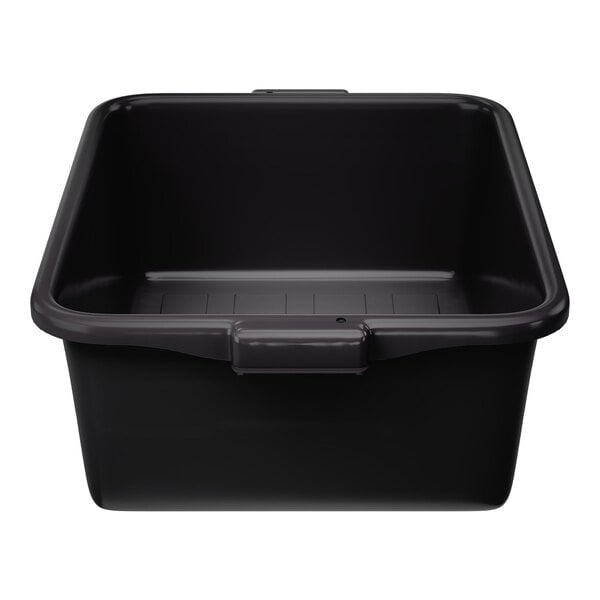 A black high density polyethylene bus tub with dimensions of 20 inches by 15 inches by 7 inches.