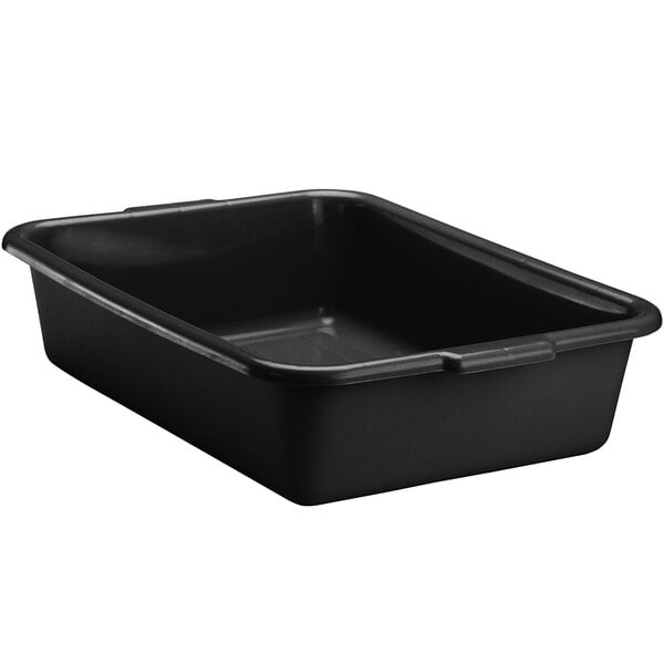 A black rectangular Vollrath high density polyethylene bus tub.