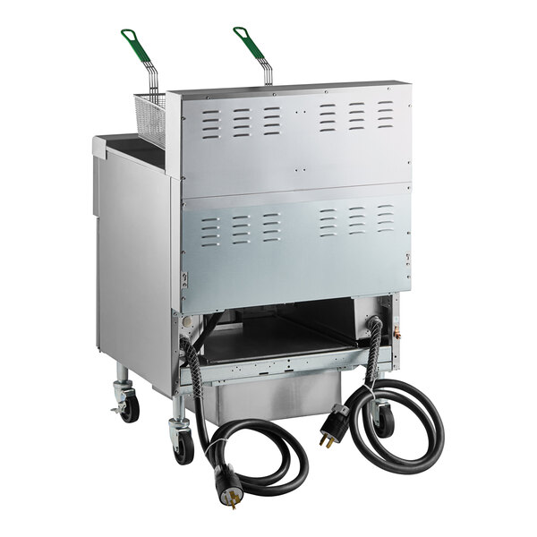 A large silver Frymaster electric floor fryer with two black hoses attached.