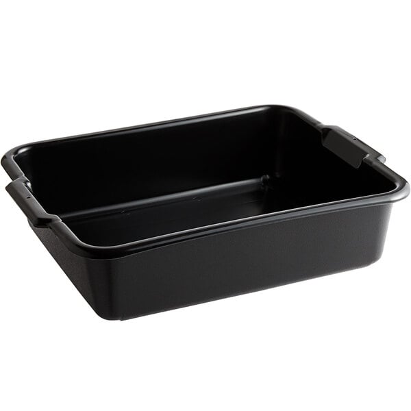 A black rectangular Vollrath bus tub with handles.