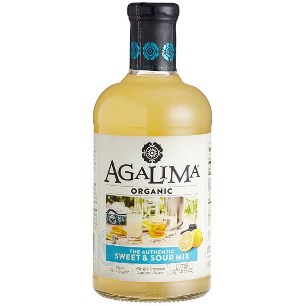 A bottle of Agalima Organic Sweet and Sour Mix with a white label.