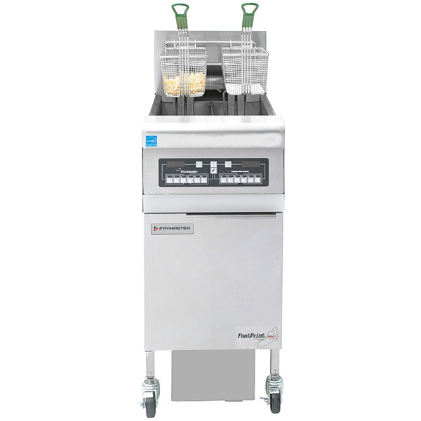 A white Frymaster electric floor fryer with built-in filtration and control panel.