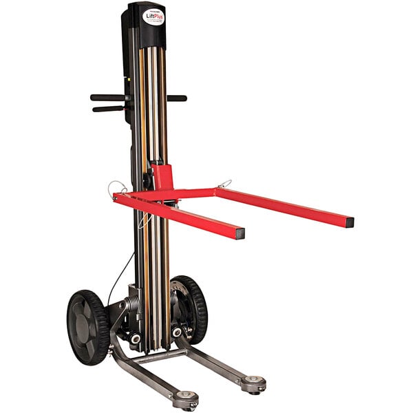 A Magliner red and black hand truck with lift forks.