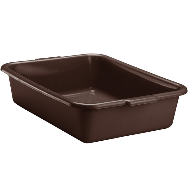 A brown rectangular Vollrath high density polyethylene bus tub.